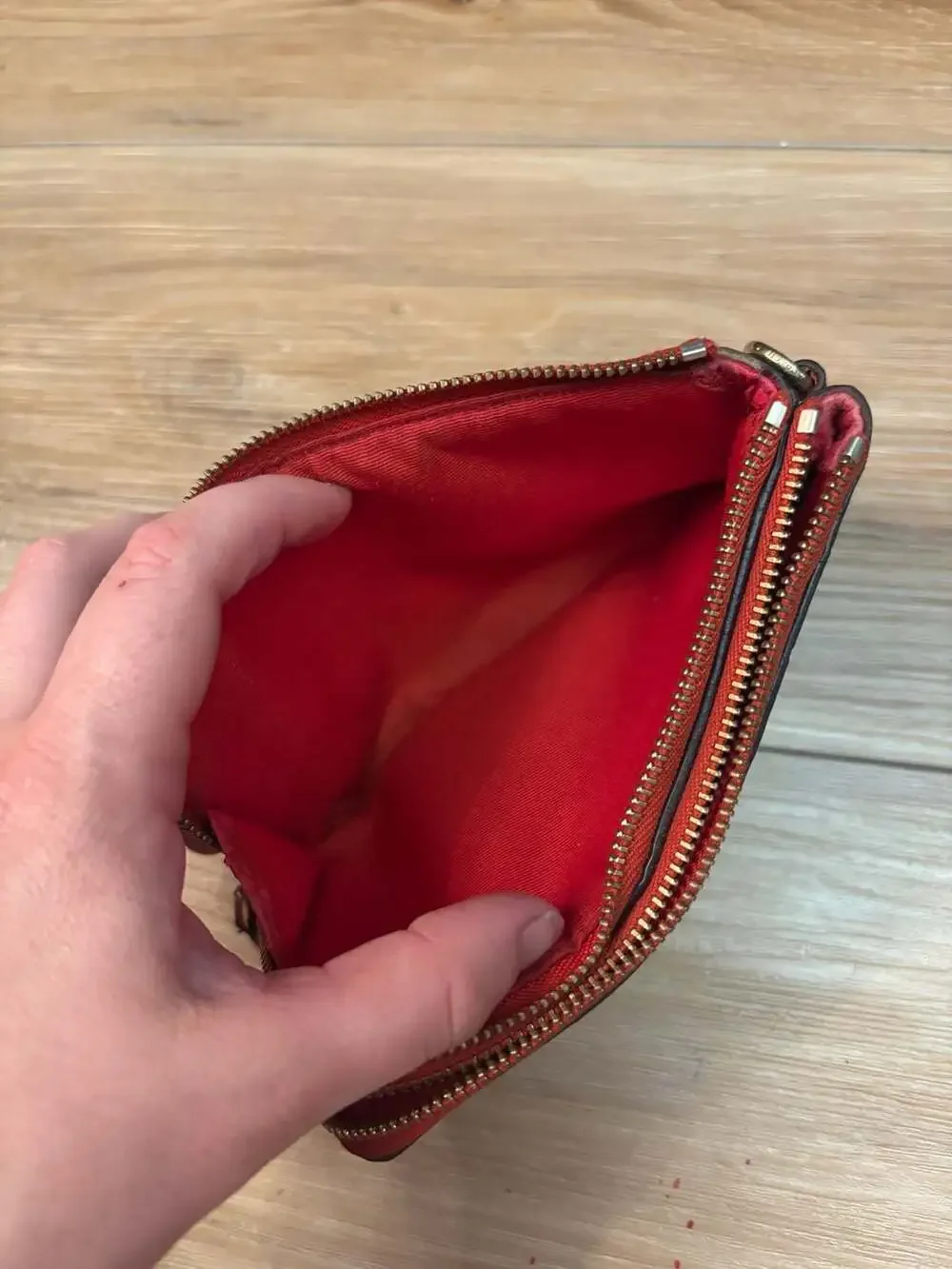 Coach Double Corner Zip Wristlet Wallet in Signature Canvas Brown and Red Trim